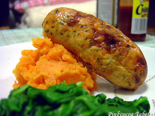 Salmon Sausage with Mashed Sweet Potato & Wilted Baby Spinach